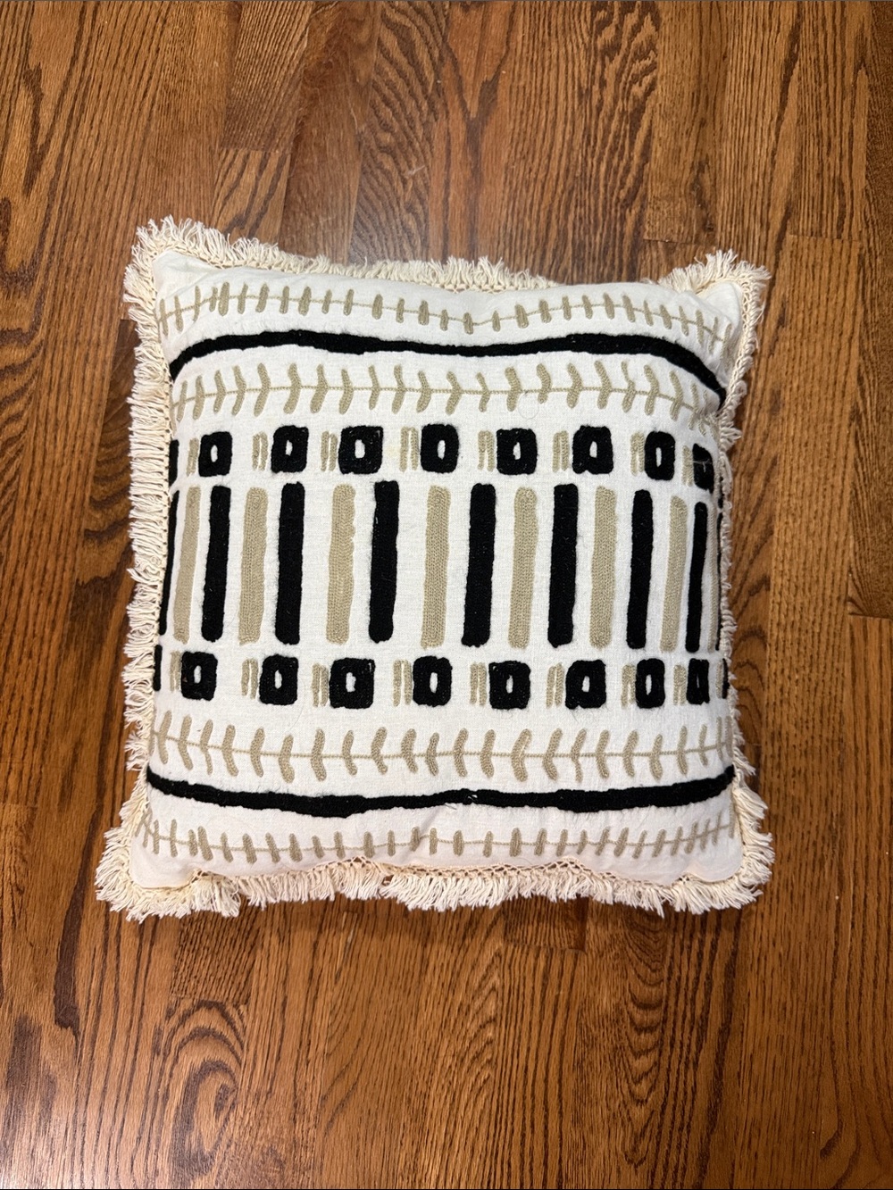 Decorative Fringe Throw Pillow in Cream, Black & Beige